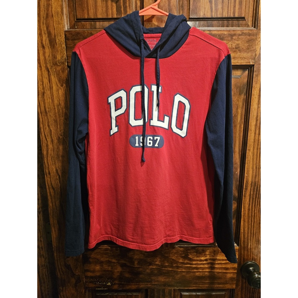 Polo Ralph Lauren Colorblock Hooded Shirt Mens Small Red Navy Blue 1967 Graphic